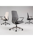 All three finishes of the Auburn Conference Chair with Black, Grey, Ivory fabric seat and back. Polished aluminum frames. Ergonomic Desk chair. Kansas City, Missouri.