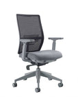 Devens Desk Chair with grey fabric seat, mesh back, and frame. Ergonomic Desk chair. Side angled view. Kansas City, Missouri.
