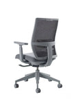 Back angled view. Devens Desk Chair with grey fabric seat, mesh back, and frame. Ergonomic Desk chair. Kansas City, Missouri.