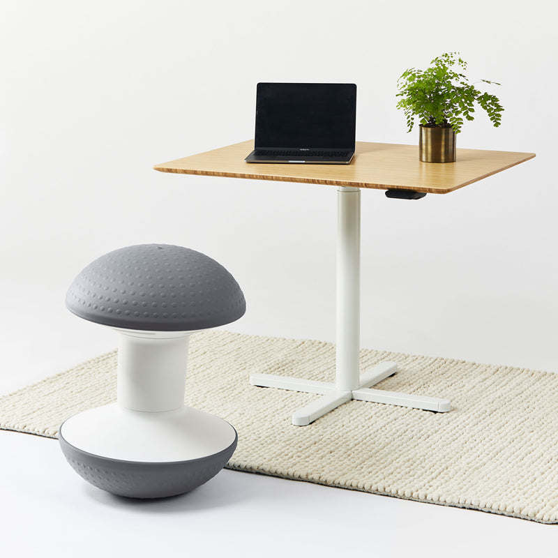 Ergonomic desk with adjustable height, laptop, plant, and gray and white Humanscale Ballo stool on a light background. Kansas City Office Design.