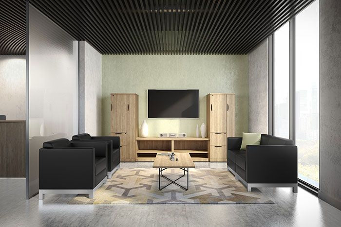 Storlie Black Club Chair with Arms. Work lounge seating. Black bonded leather upholstery. Kansas City office furniture.