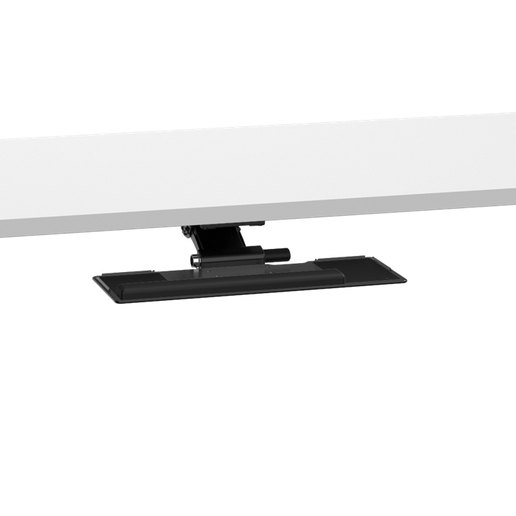 Side view of a black HumanScale keyboard tray meant for height adjustable desk. Pictured with a desk. Kansas City Office Design.