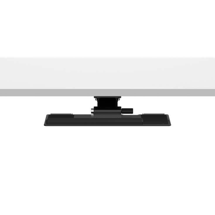 Front view of a black HumanScale keyboard tray meant for height adjustable desk. Pictured with a desk. Kansas City Office Design.