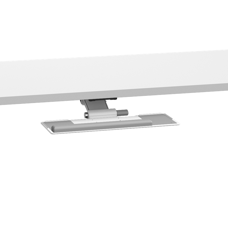 Side view of a white HumanScale keyboard tray meant for height adjustable desk. Pictured with a desk. Kansas City Office Design.
