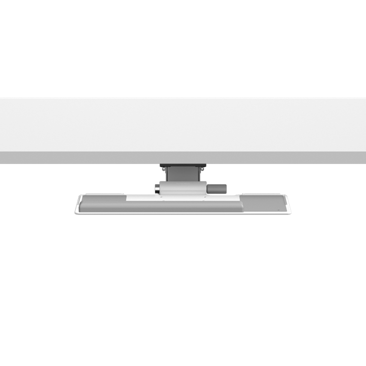 Front view of a white HumanScale keyboard tray meant for height adjustable desk. Pictured with a desk. Kansas City Office Design.