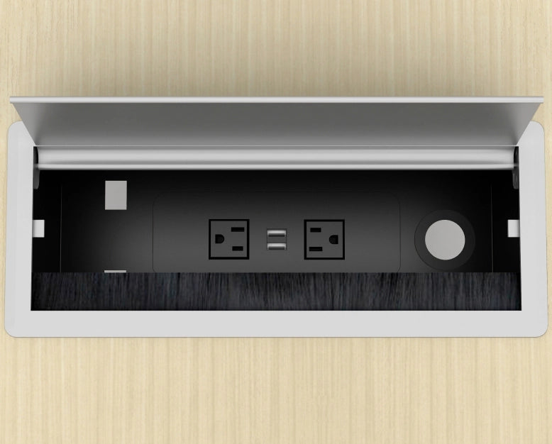 Power grommet for the AIS Calibrate conference tables. Top down view. Kansas City Office Design.