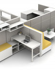 Modern office desk setup with partition walls and yellow cushioned benches on a white background. Kansas City Office Design
