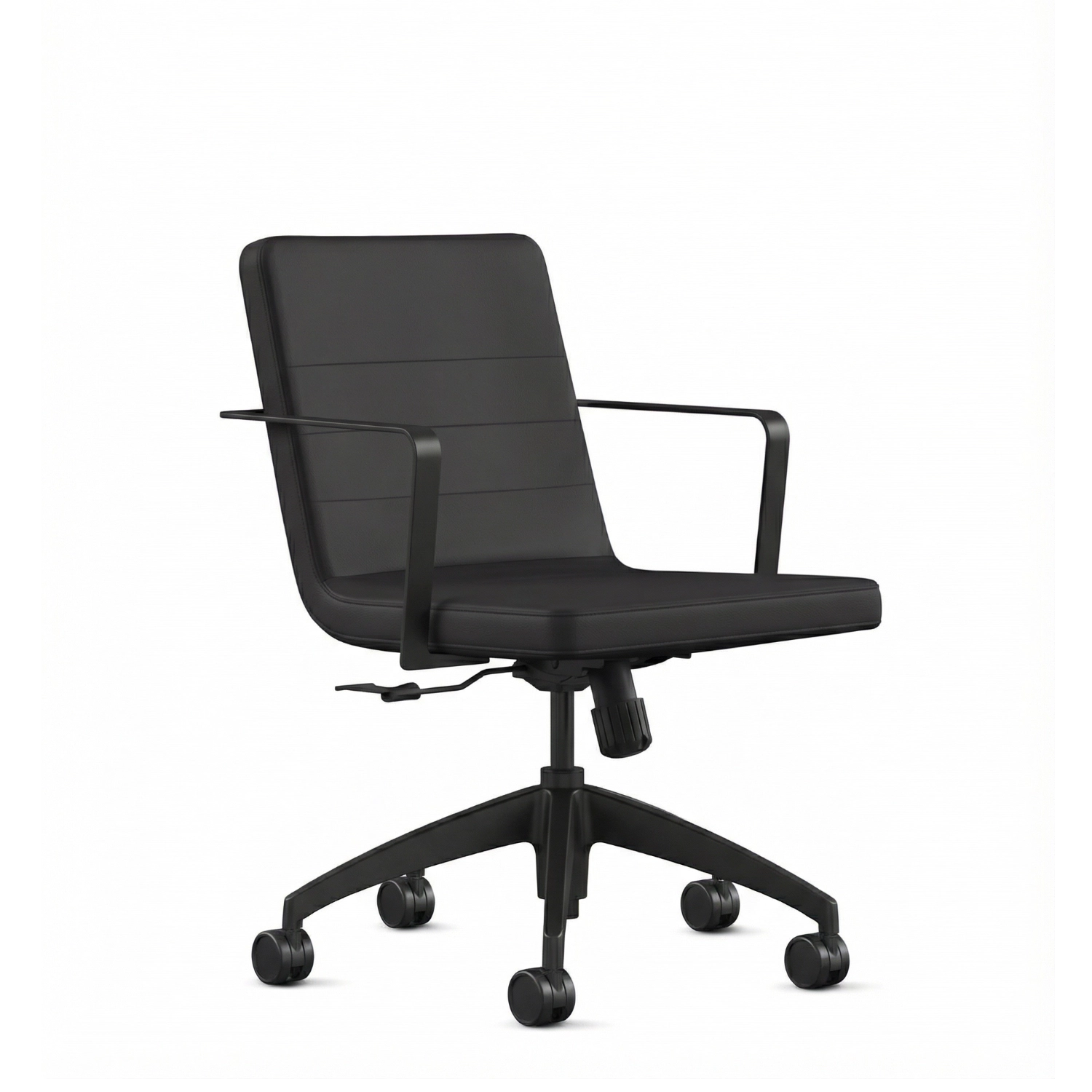 Front view of the 9to5 Alba Conference Chair with Black vinyl fabric seat and back, black aluminum frame. Ergonomic Desk chair Kansas City, Missouri. Kansas City Office Design.