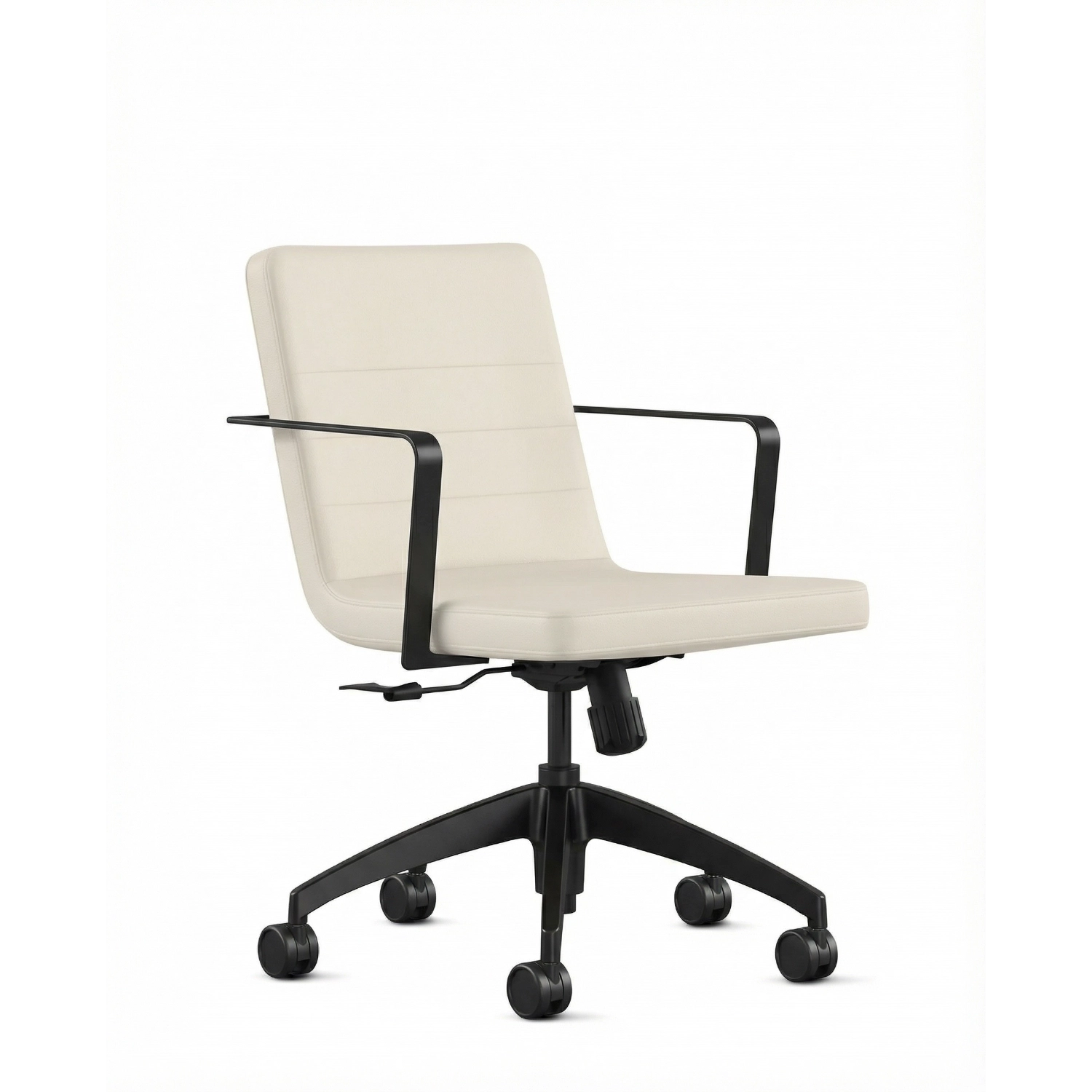 Front view of the 9to5 Alba Conference Chair with white vinyl fabric seat and back, black aluminum frame. Ergonomic Desk chair Kansas City, Missouri. Kansas City Office Design.