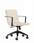 Front view of the 9to5 Alba Conference Chair with white vinyl fabric seat and back, black aluminum frame. Ergonomic Desk chair Kansas City, Missouri. Kansas City Office Design.