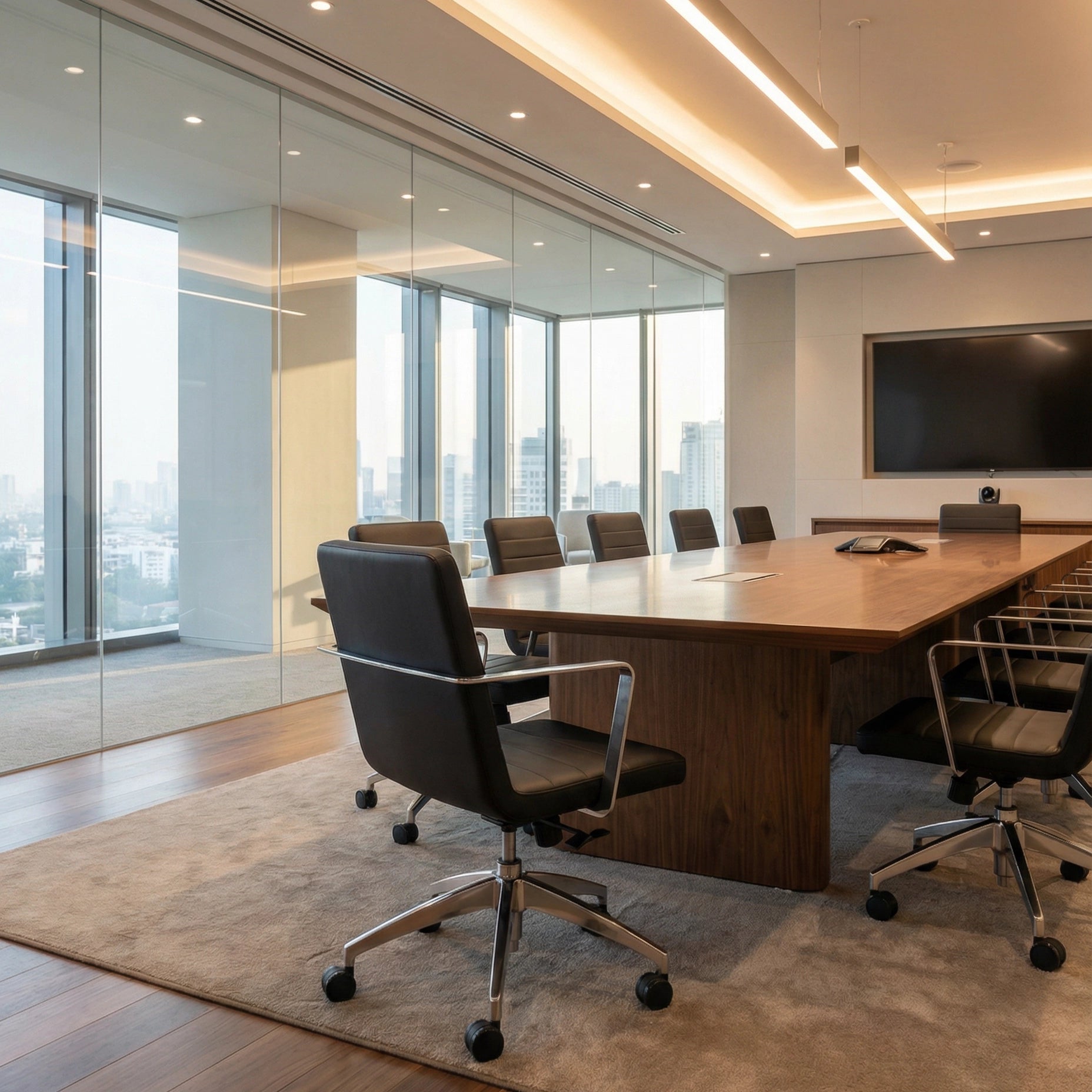 Alba Conference Chair in a modern conference room overlook the city with glass walls. Kansas City Office Design.