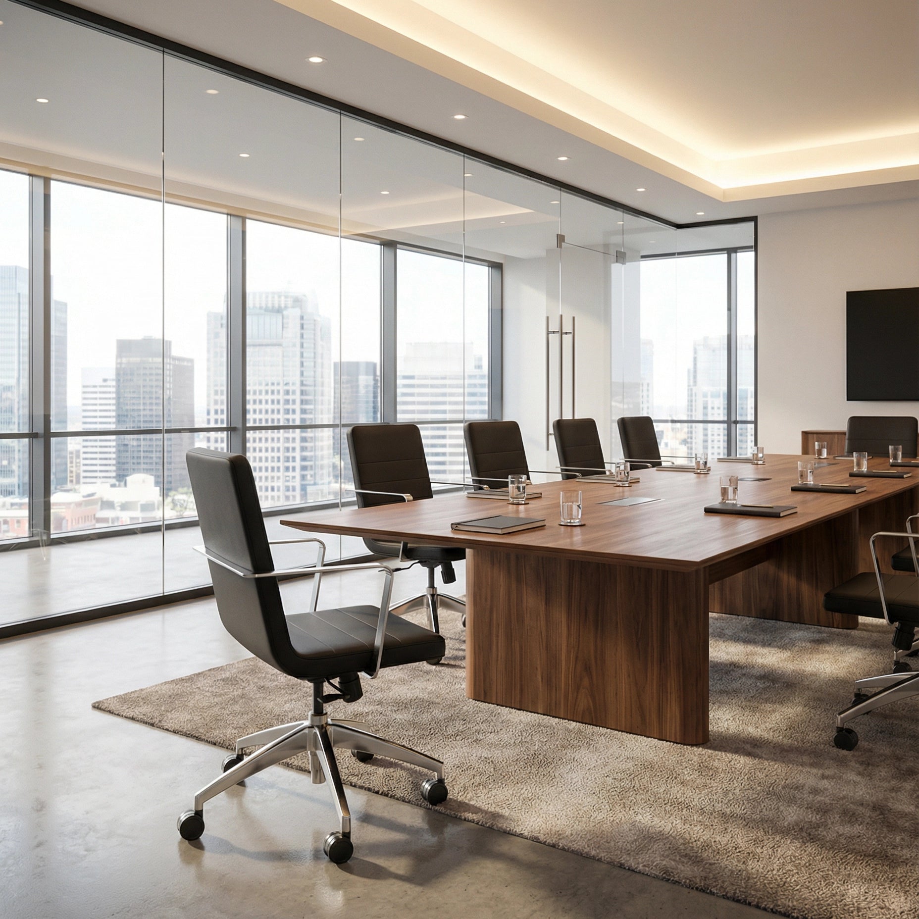 Alba Conference Chairs in a modern conference room overlook the city. Kansas City Office Design.