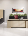 Modern office desk with a laptop and chair, featuring a decorative plant wall. Kansas City Office Design.