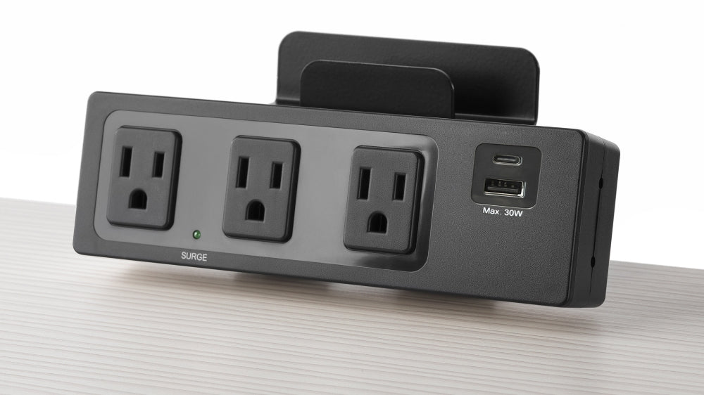 Picture of the SitOnIt Current Clamp mount 3 Outlet &amp; 2 USB Power Hub in Black mounted to a top. Kansas City Office Furniture