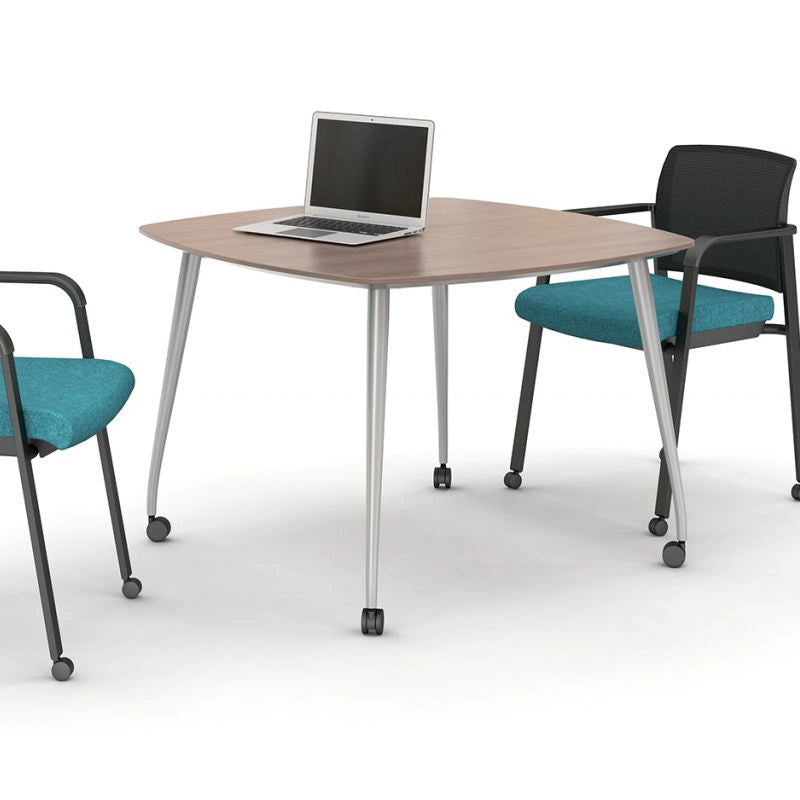 Square mobile sitting height table with a laptop on it, surrounded by chairs with teal seats and black frames, on a white background. Kansas City Office Design