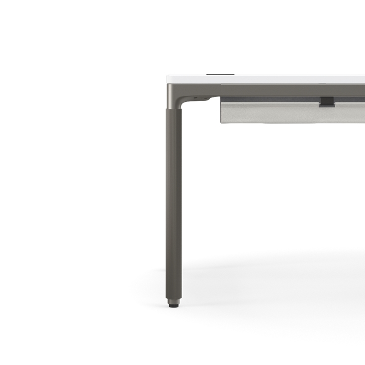 Humanscale eFloat Quattro Cable Manager | Under-Desk Leather Cable Basket, For 70"W Tops (56.8"L x 4.2"D x 4.2"W)(72), Gray, Salzburg Leather Cloud, side view. Kansas City Office Design.