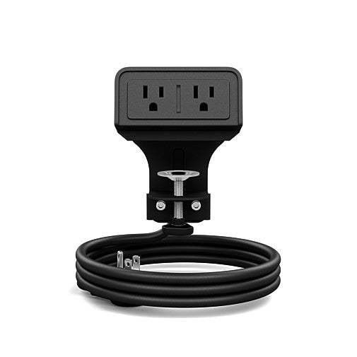 Front view of the black dual outlet SitOnIt EON power. Clamp mounted. Kansas City Office Design.