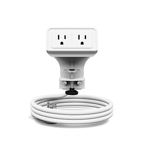 Front view of the white dual outlet SitOnIt EON power. Clamp mounted. Kansas City Office Design.