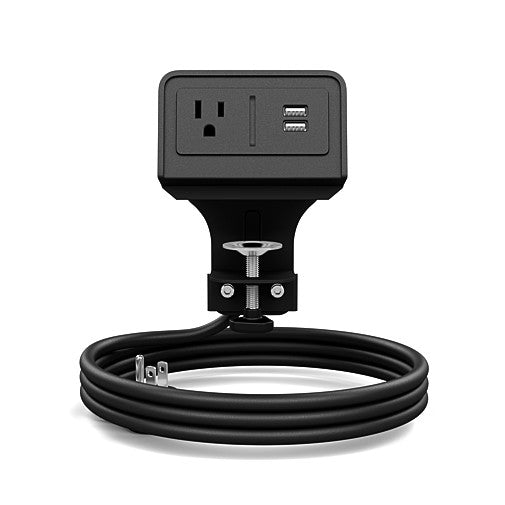 Front view of the black single outlet, dual USB-A &amp; USB-C SitOnIt EON power. Clamp mounted. Kansas City Office Design.