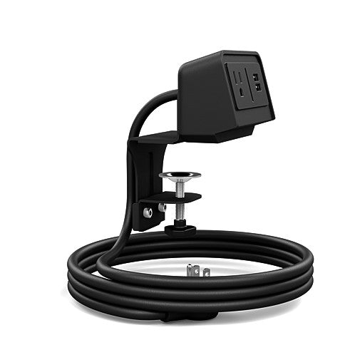 Side view of the black single outlet, dual USB-A &amp; USB-C SitOnIt EON power. Clamp mounted. Kansas City Office Design.