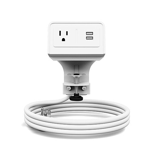 Front view of the white single outlet, dual USB-A &amp; USB-C SitOnIt EON power. Clamp mounted. Kansas City Office Design.