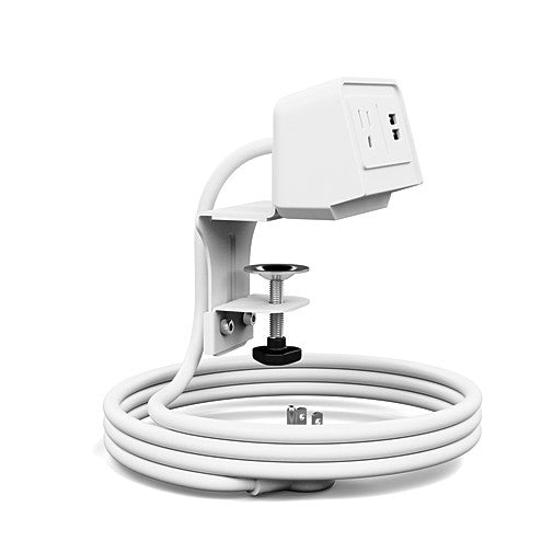 Side view of the white single outlet, dual USB-A &amp; USB-C SitOnIt EON power. Clamp mounted. Kansas City Office Design.