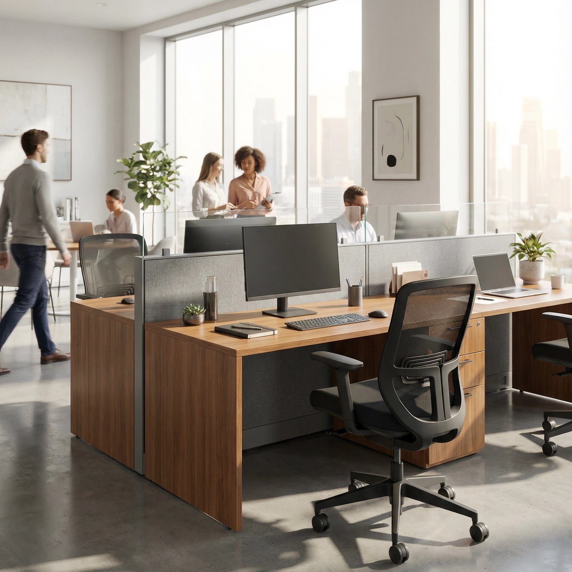 Modern office setup with desks, chairs, and people working. Kansas City Office Design
