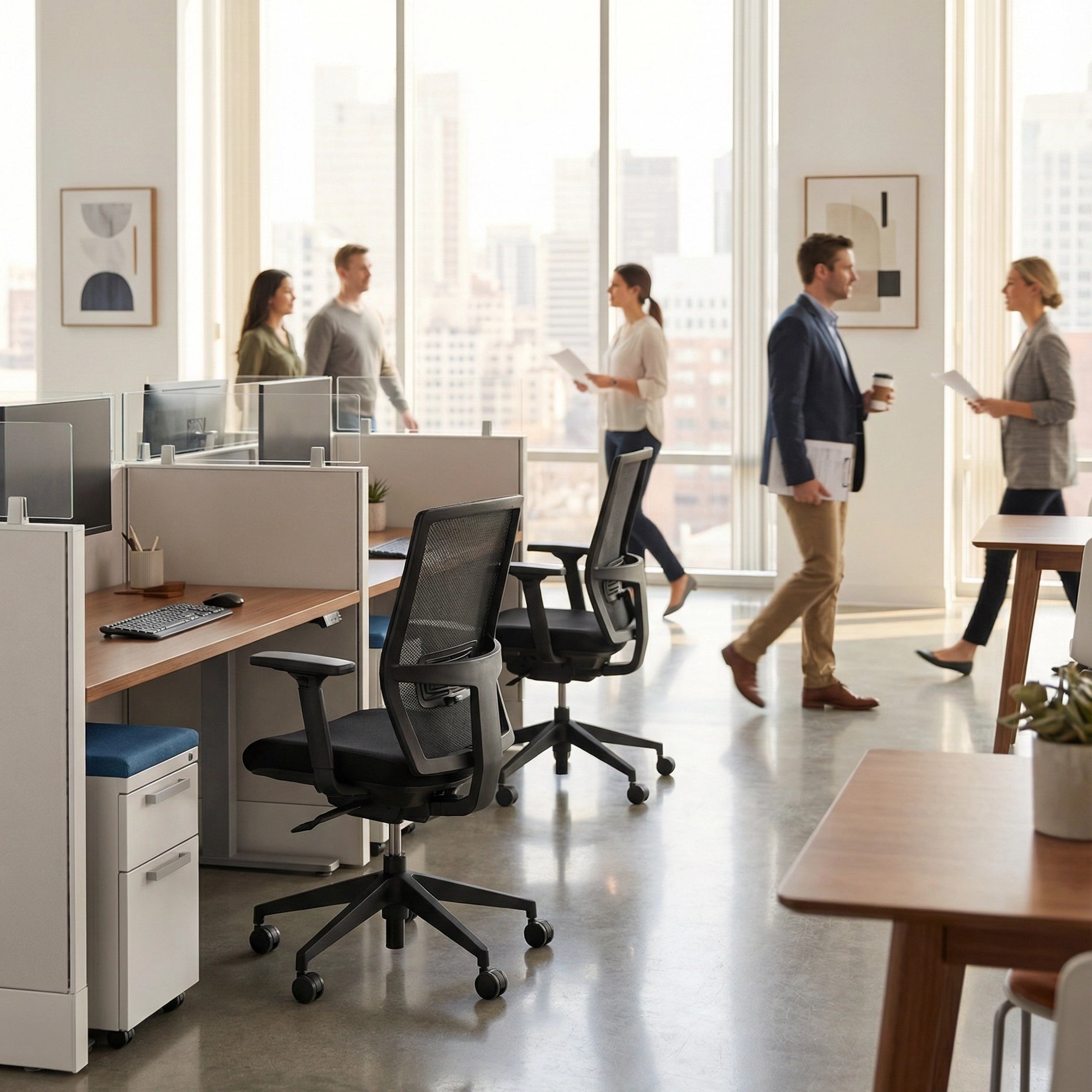 Modern office space with employees walking and working. Kansas City Office Design