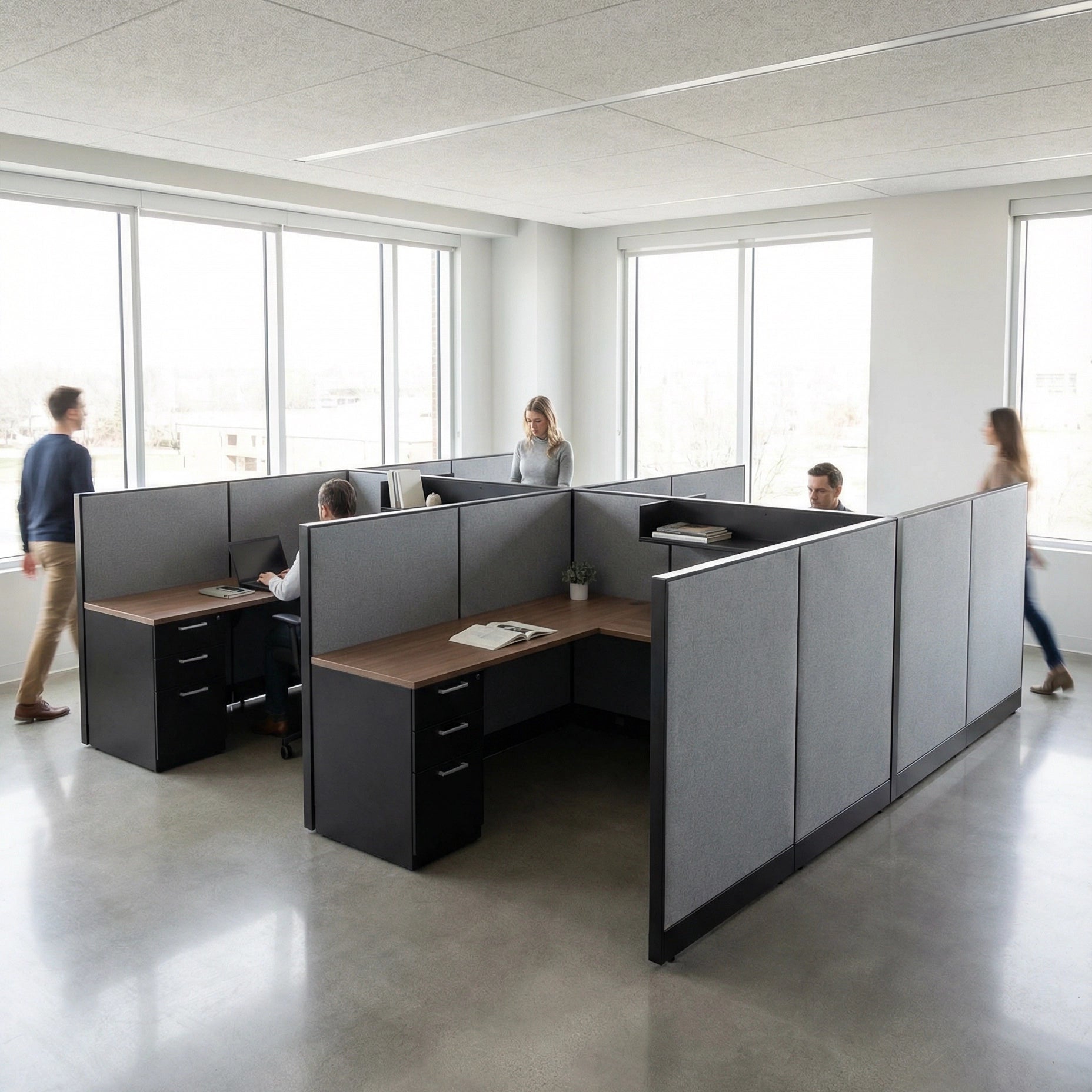 Modern office layout with L-shaped desk and partitioned AIS Divi Fast Track workstations. Kansas City Office Design