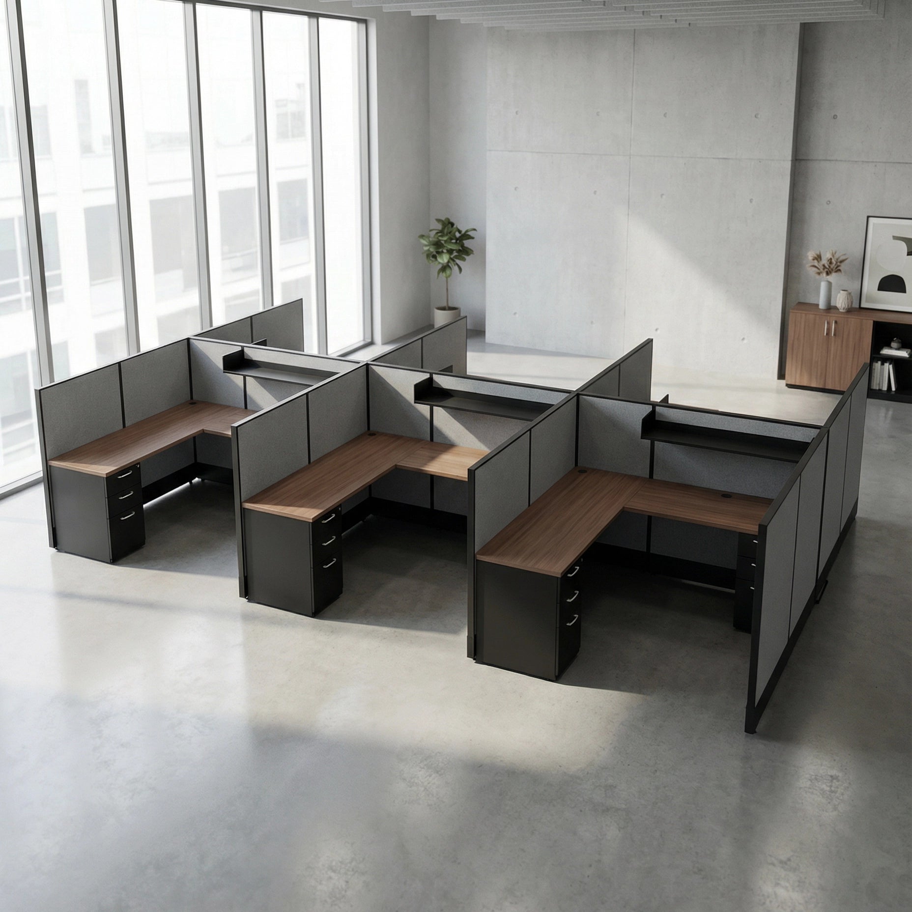 Modern office AIS Divi cubicles with glass partitions in a bright room. Kansas City Office Design