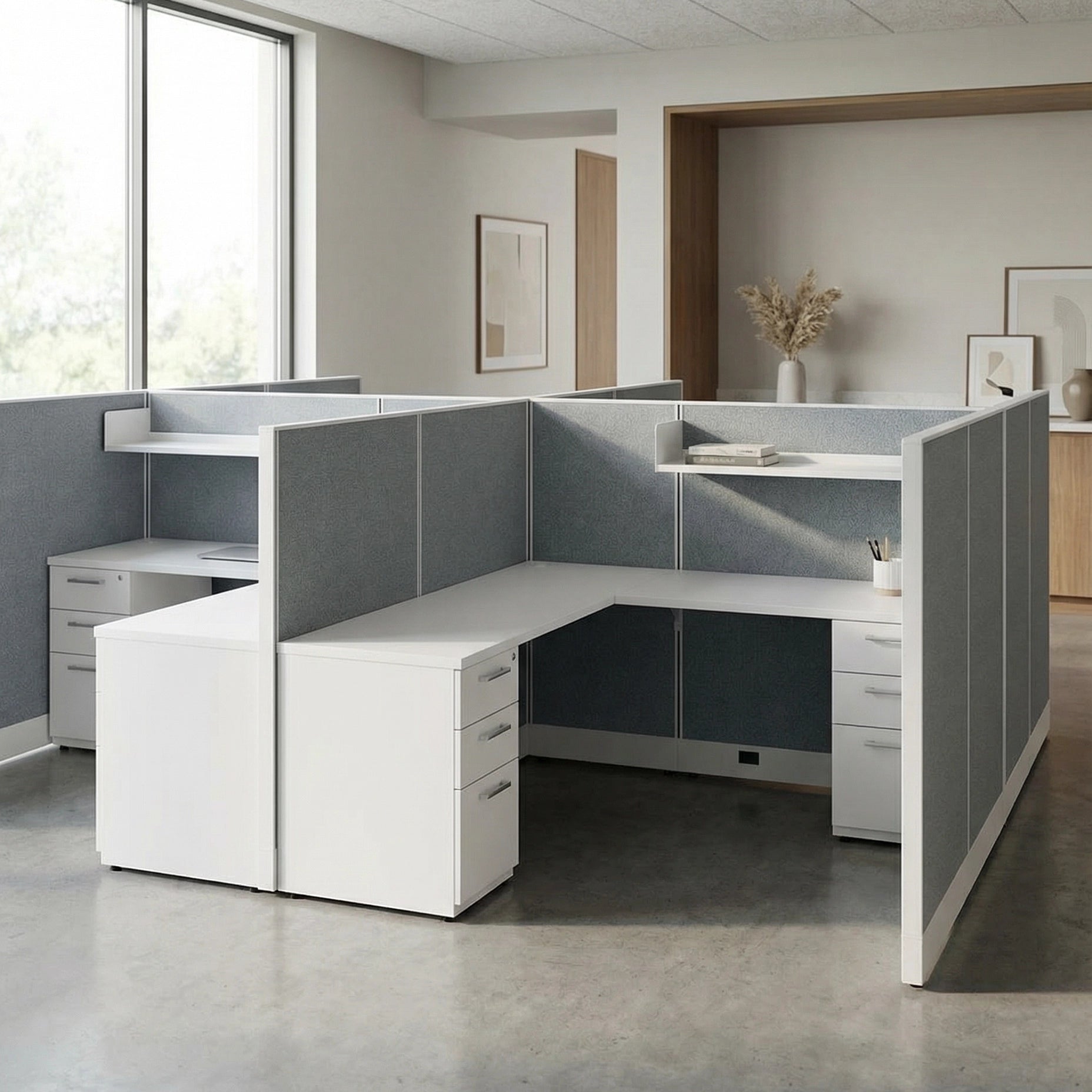 Modern office setup with L-shaped desk and gray partition walls. Kansas City Office Design