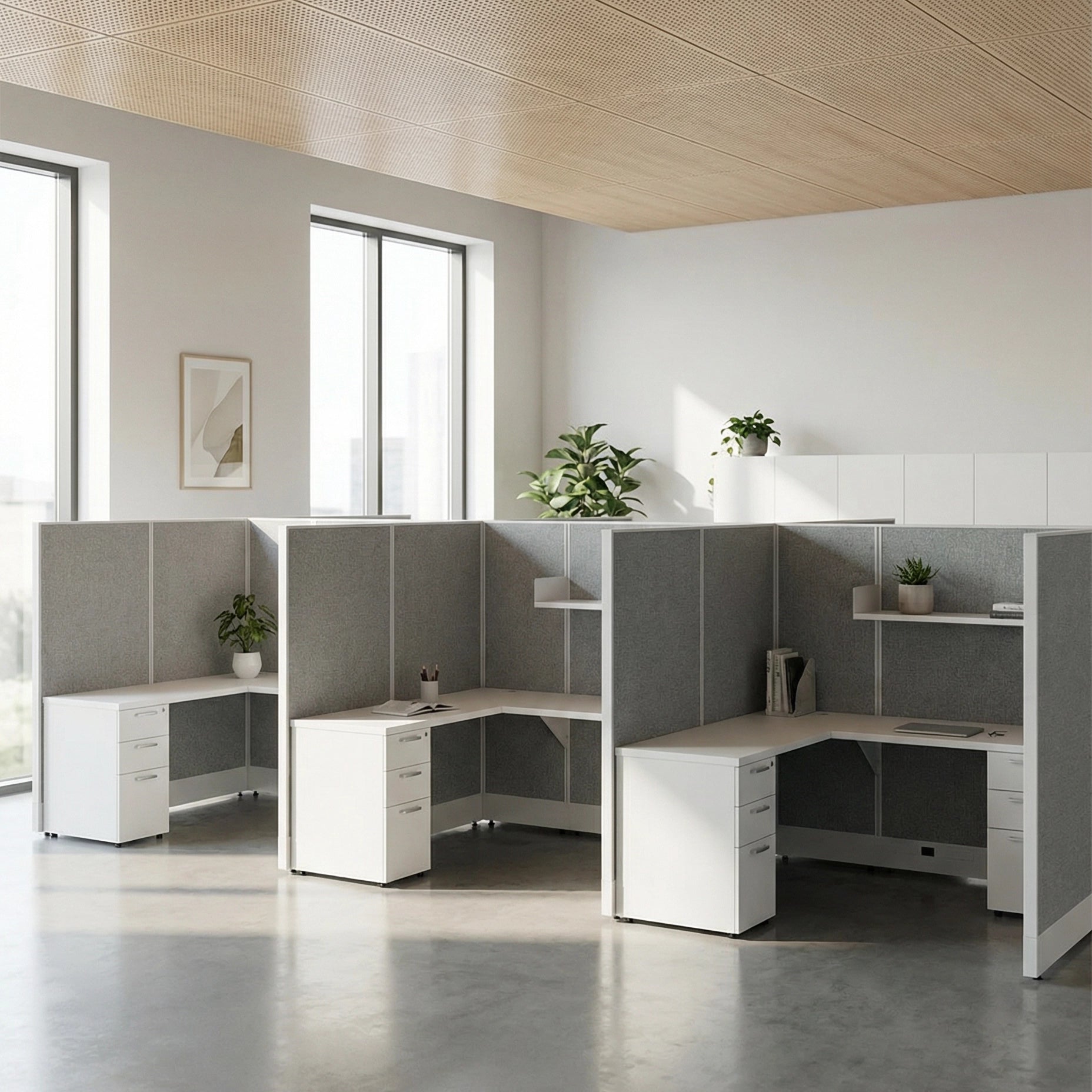 Modern office setup with white desks and gray partitions in a bright room. Kansas City Office Design