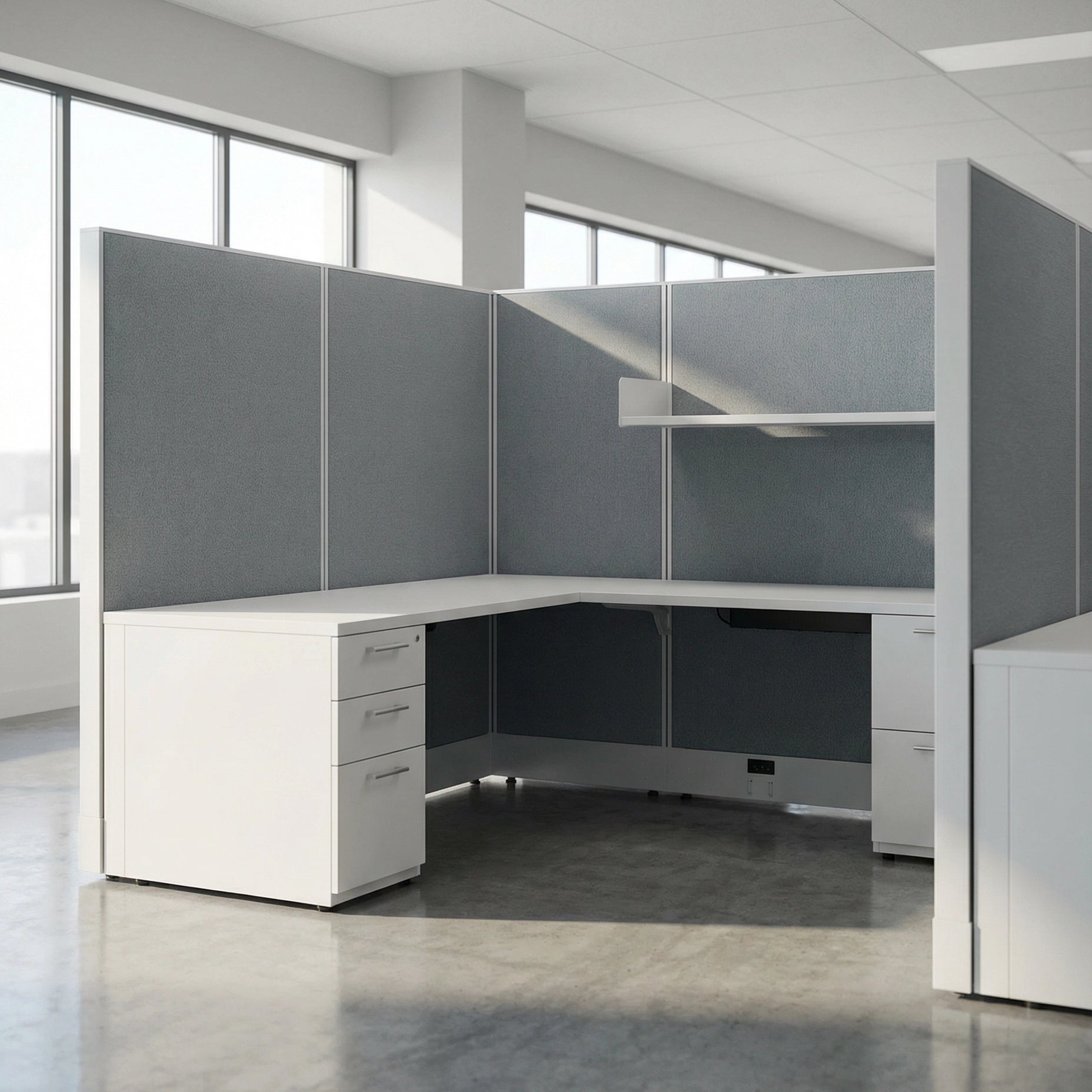 Modern office desk with gray partition walls in a bright room. Kansas City Office Design