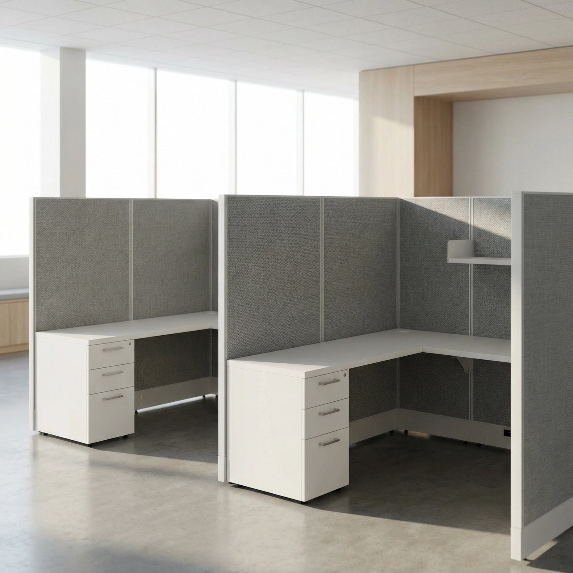 Modern office cubicles with gray partitions and white desks in a bright room. Kansas City Office Design