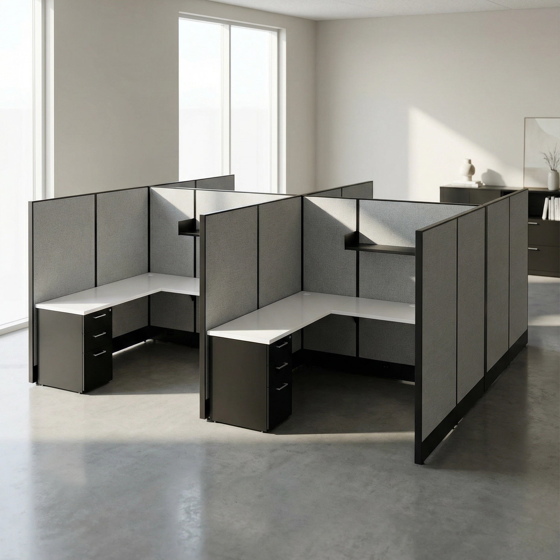 Modern office cubicle setup with gray walls and white desks in a bright room. Kansas City Office Design