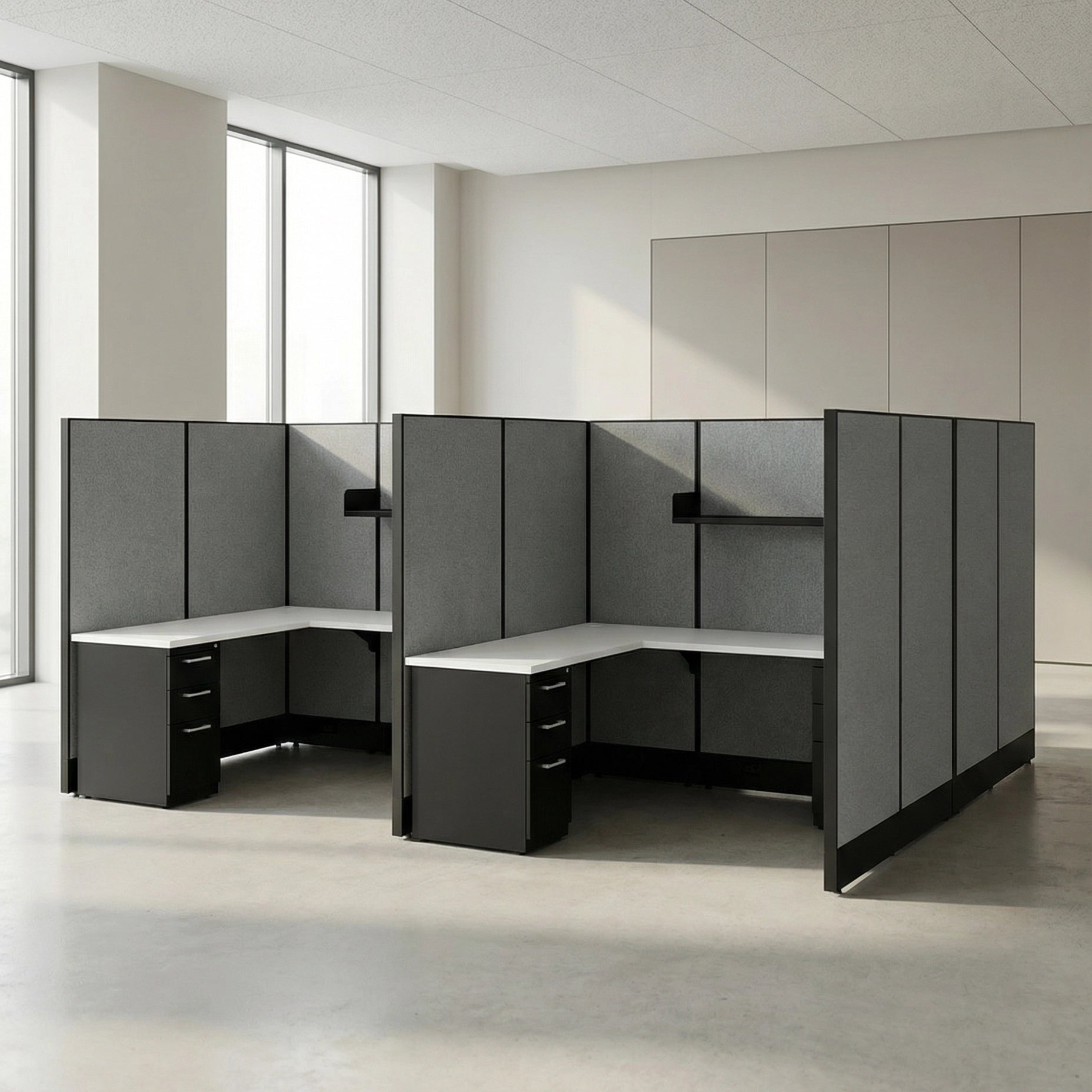 Modern office cubicle setup with gray partitions and white desks in a bright room. Kansas City Office Design