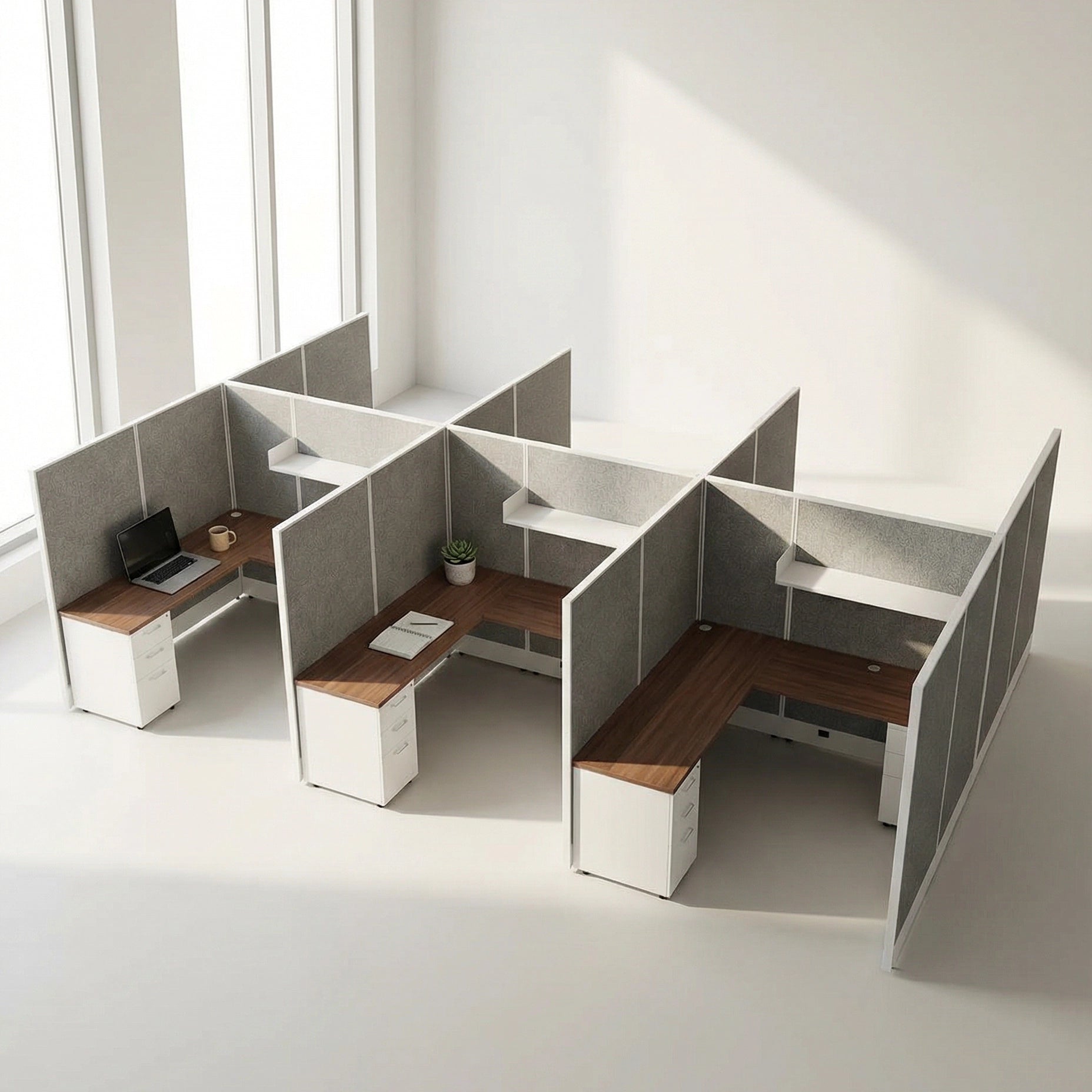 Modern office desk setup with partitioned workstations. Kansas City Office Design