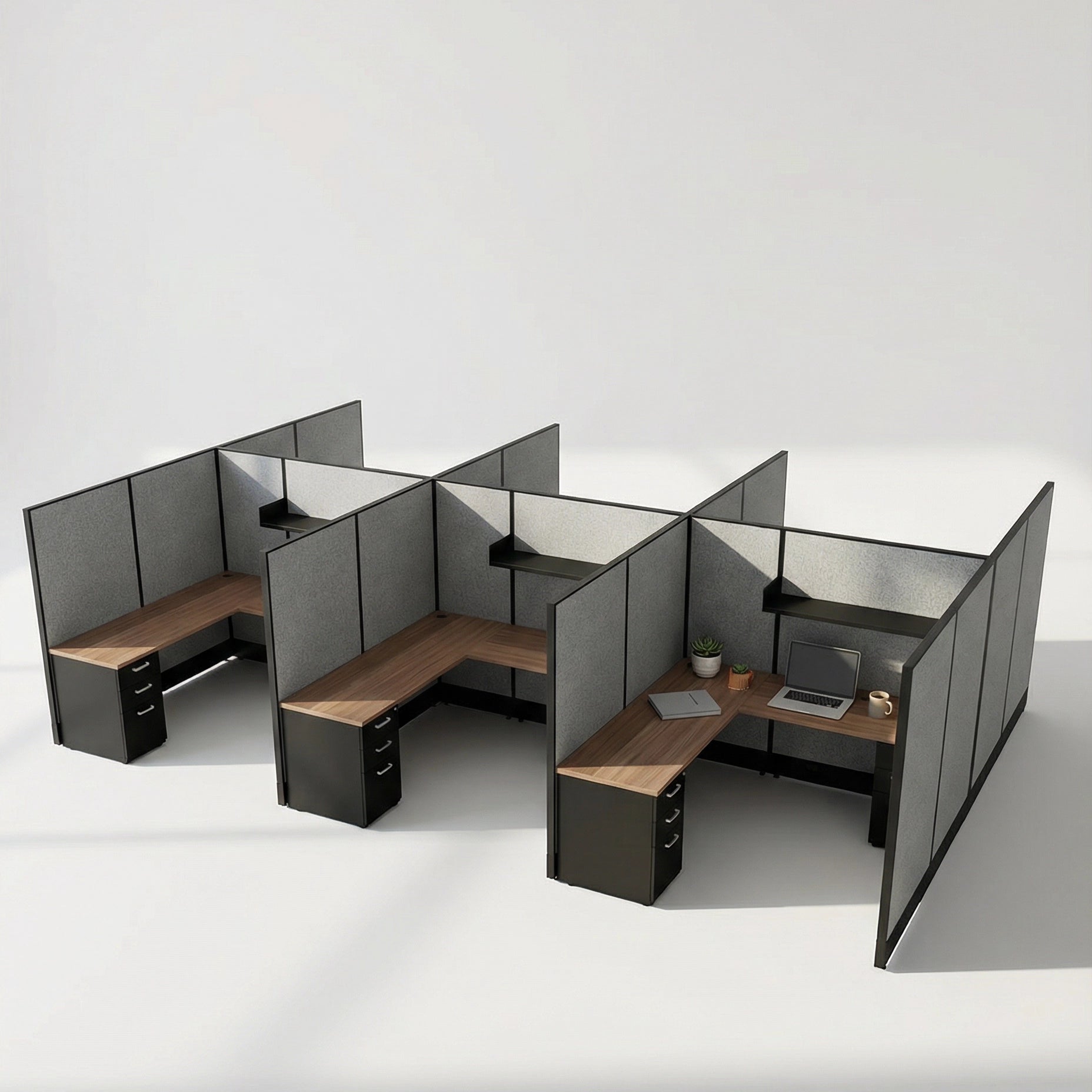 Modern office cubicle setup with wooden desks and gray partitions on a white background. Kansas City Office Design