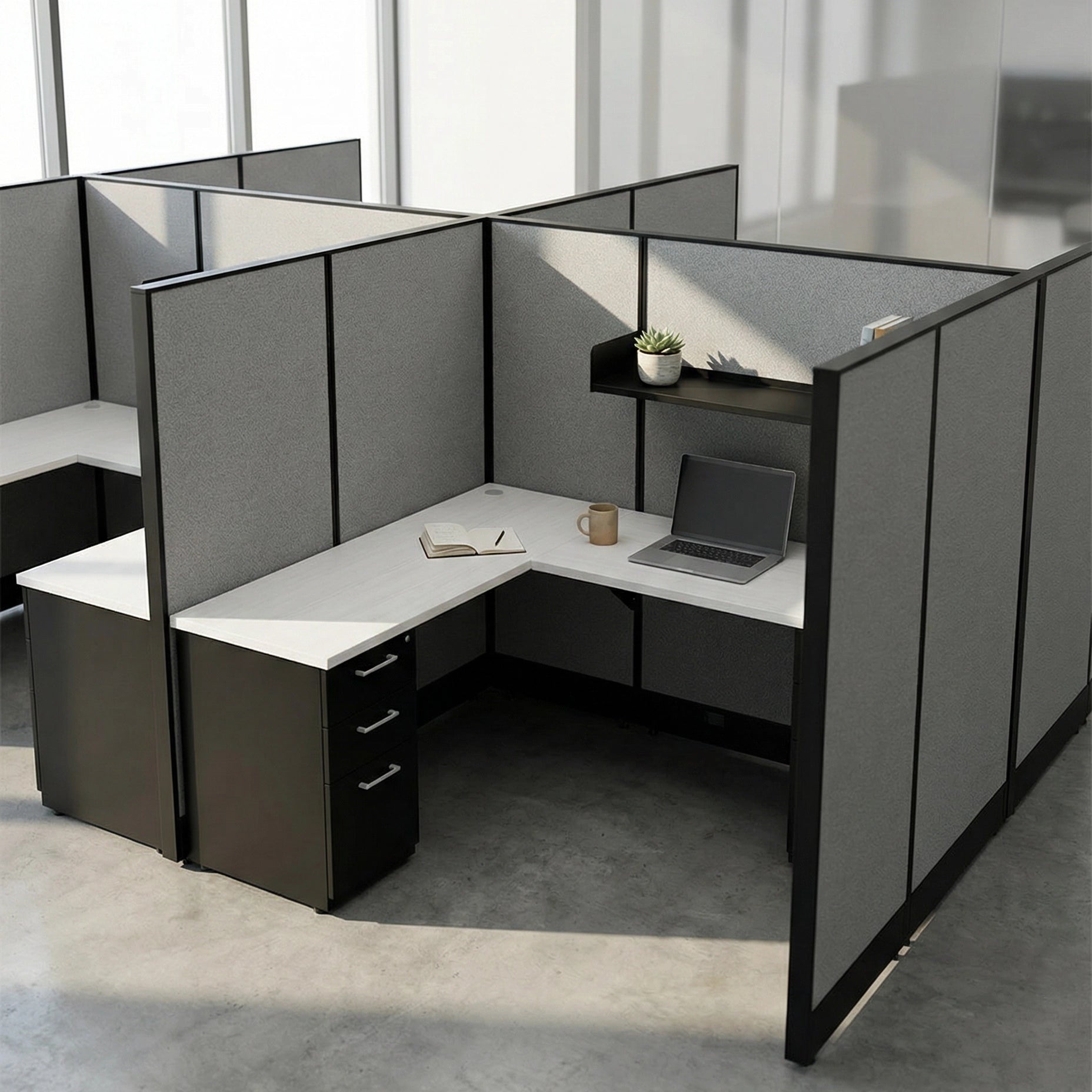 Modern office desk with partition walls in a well-lit room. Kansas City Office Design.