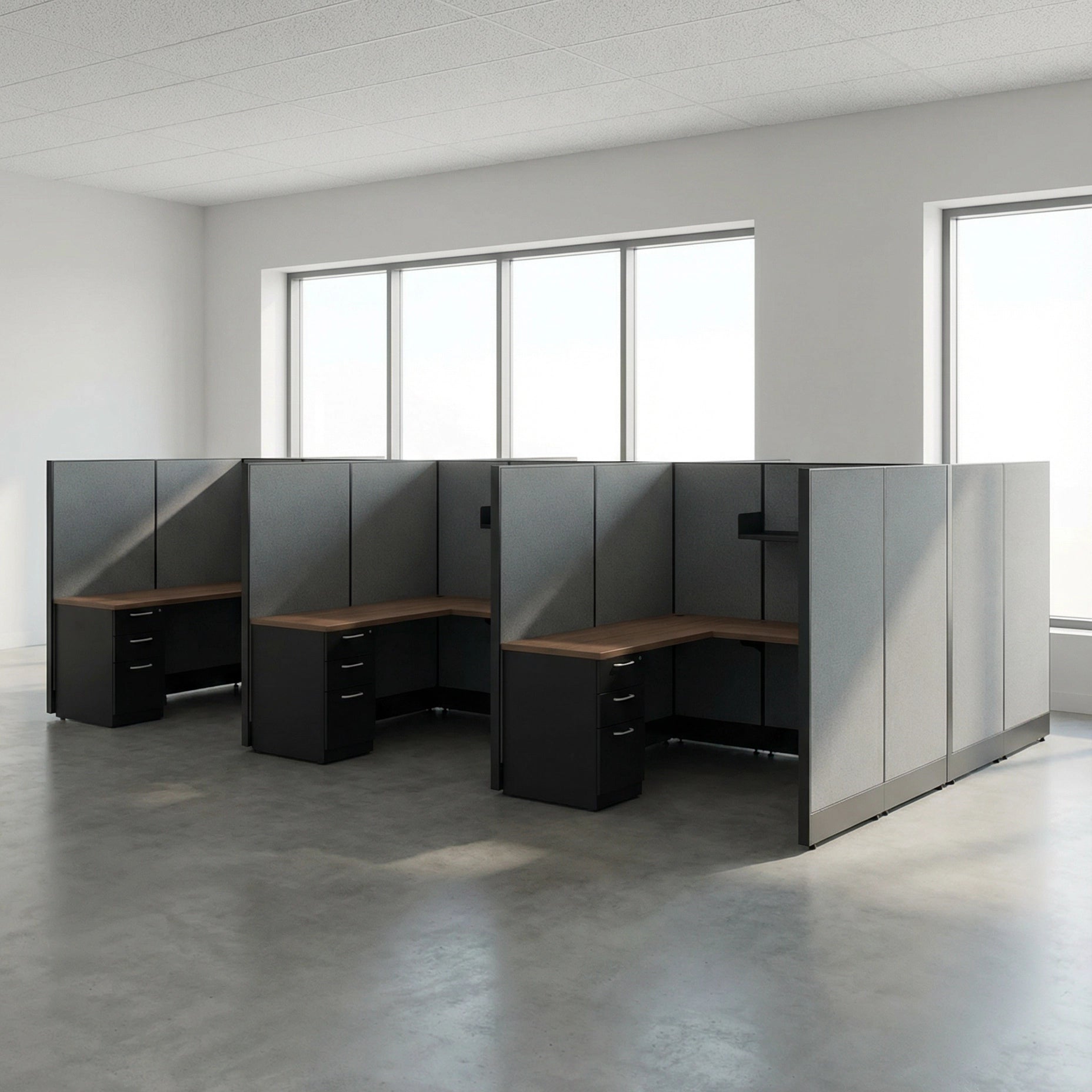 Modern office cubicles with glass partitions in a bright room. Kansas City Office Design