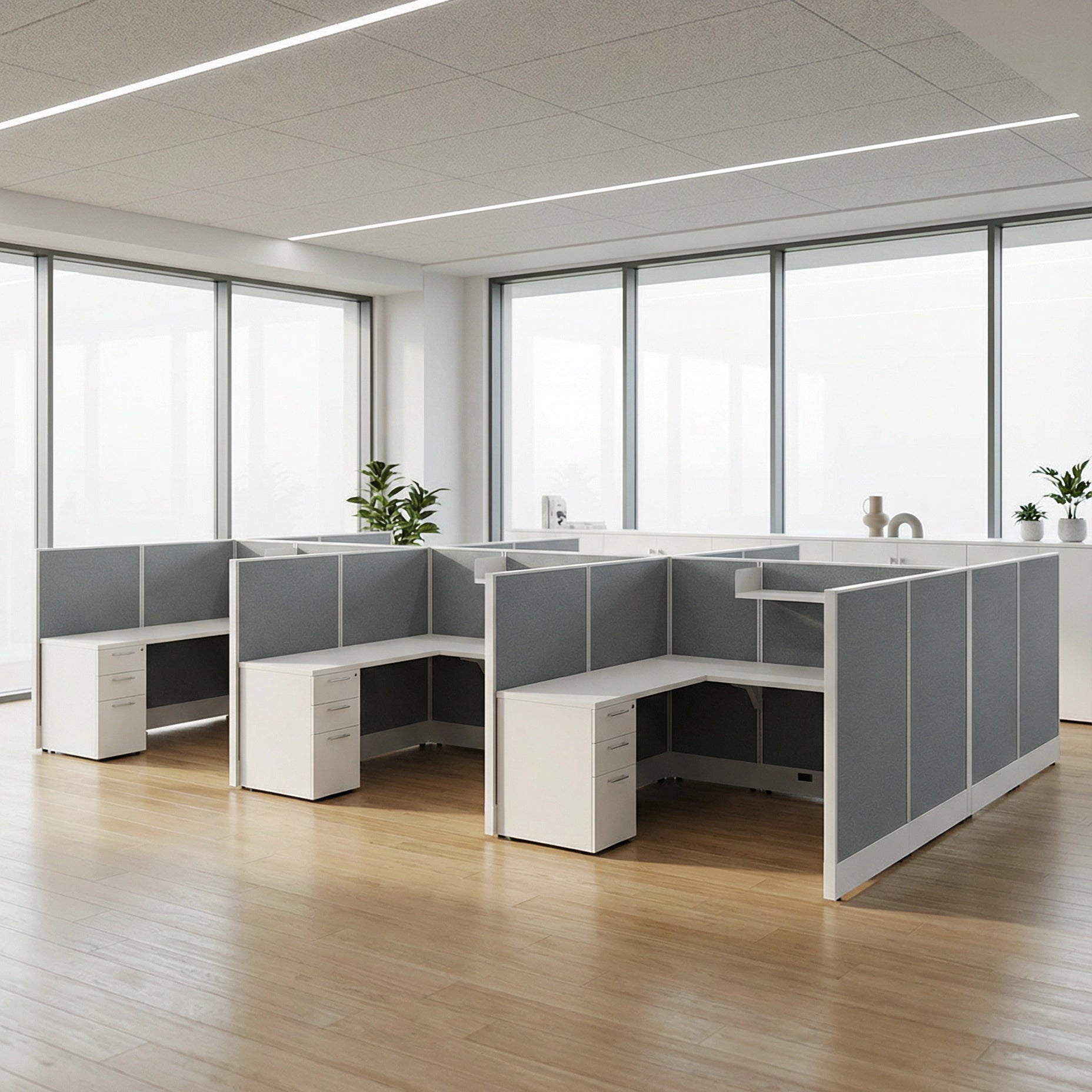 Modern AIS Divi office cubicles with glass partitions in a bright room with large windows. Kansas City Office Furniture
