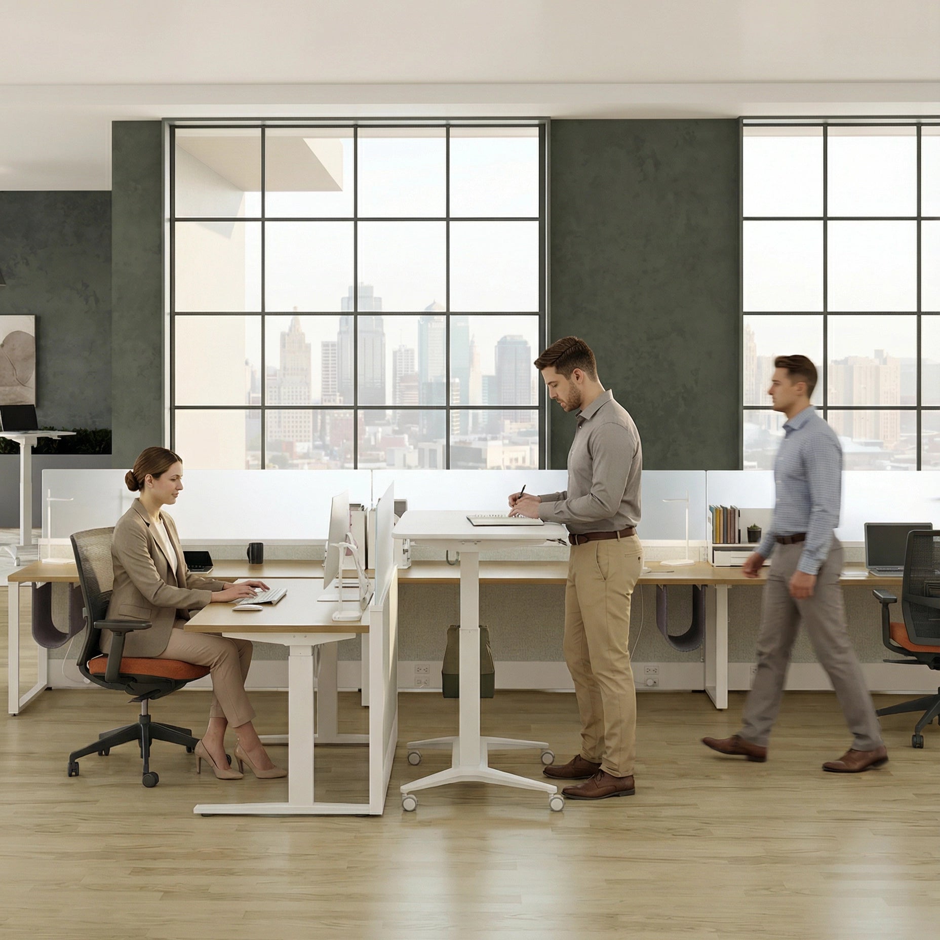 Modern office with people working at standing desks and large windows. Kansas City Office Design