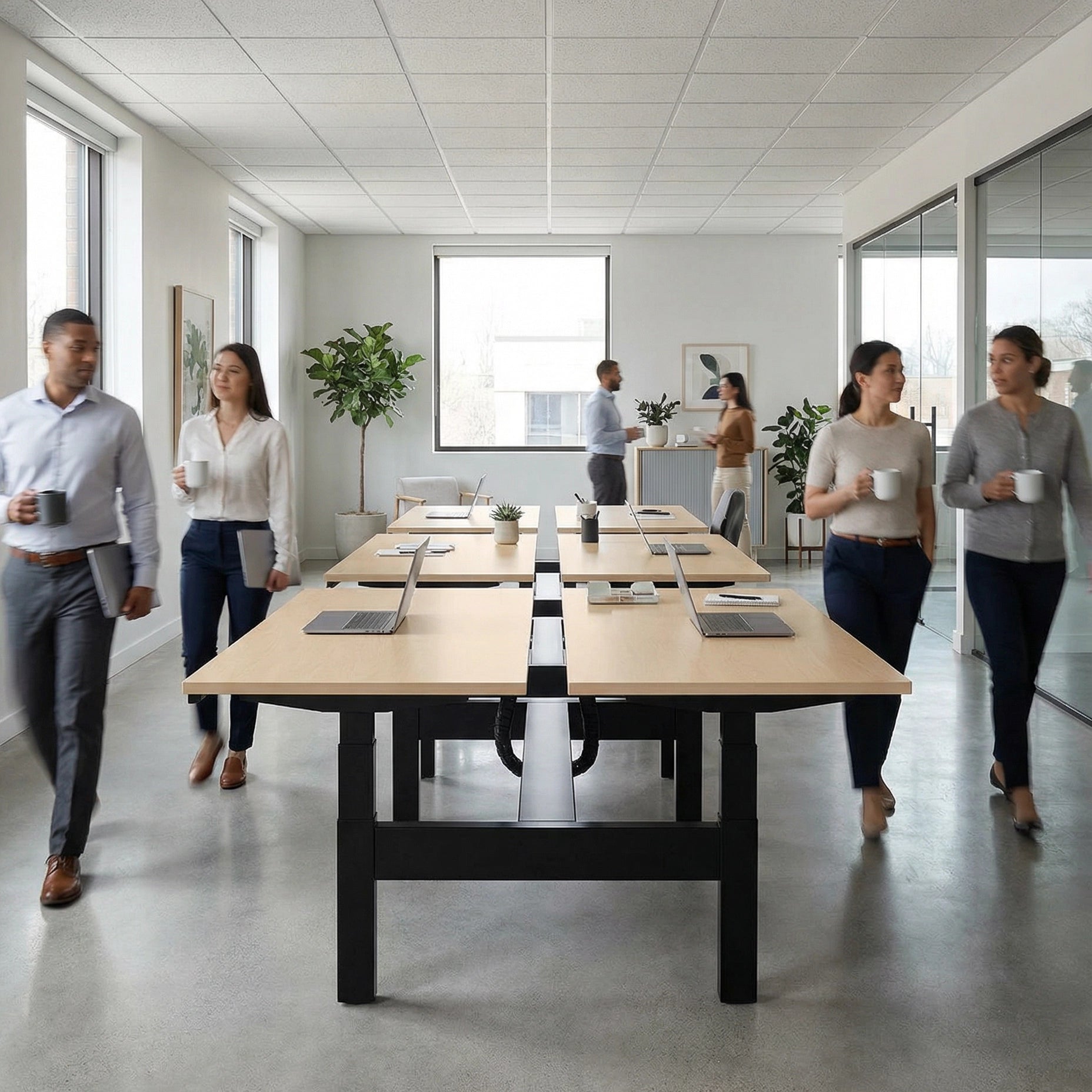 HAT Collective Height adjustable 4pod with black base and maple tops with people working in an open office. Kansas City Office Design
