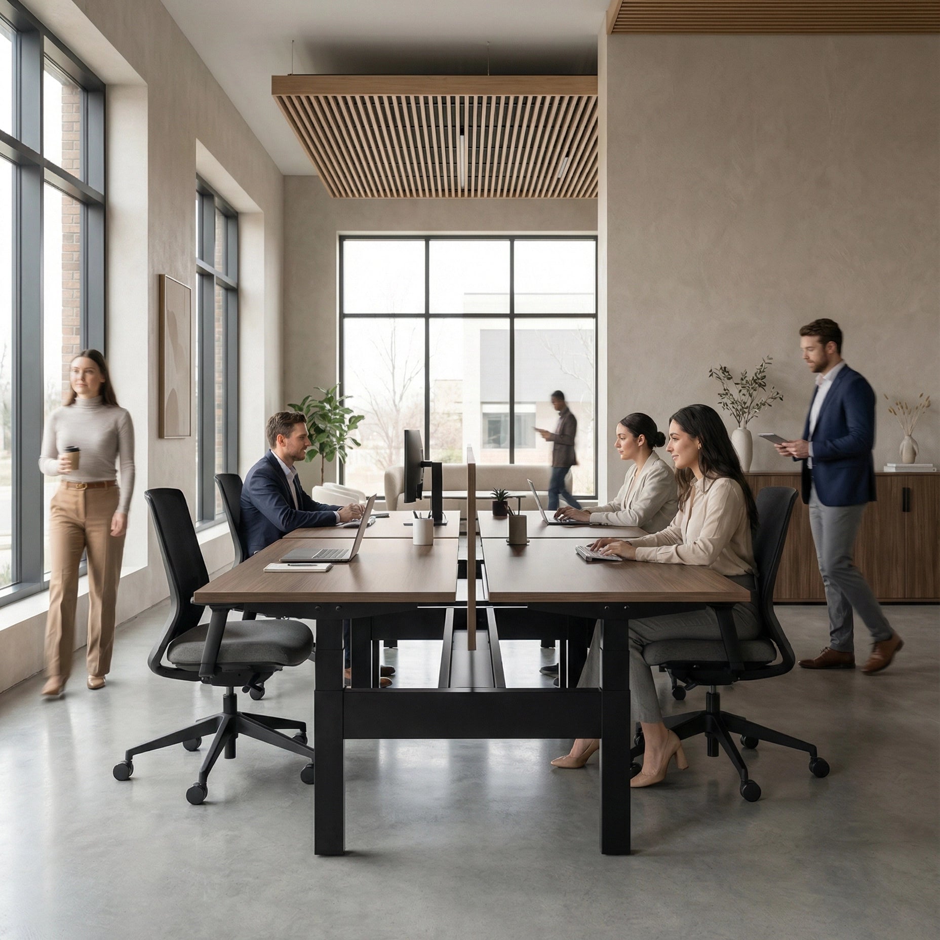 HAT Collective Height adjustable 4pod with black base and walnut tops with people working in an open office. Kansas City Office Design