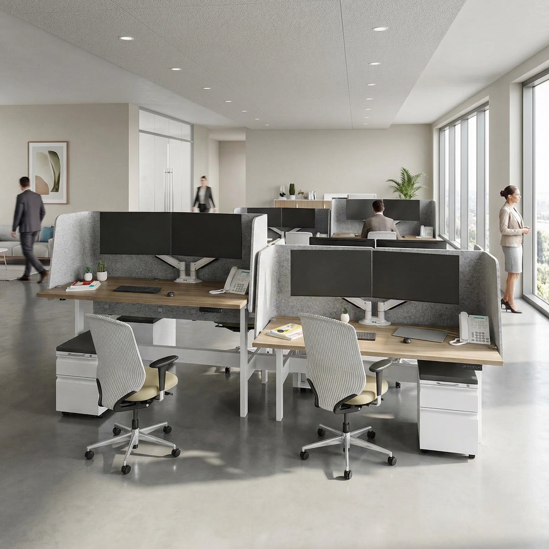 Modern office space with workstations and employees in a bright room. Kansas City Office Design