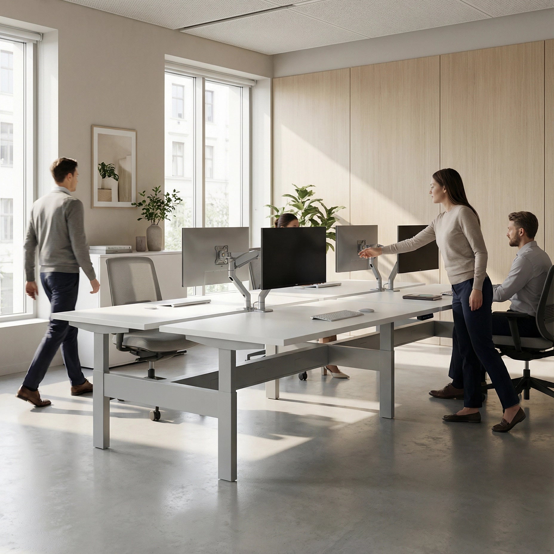 HAT Collective Height adjustable 4pod with Silver Base and Designer White Tops. Kansas City Office Design