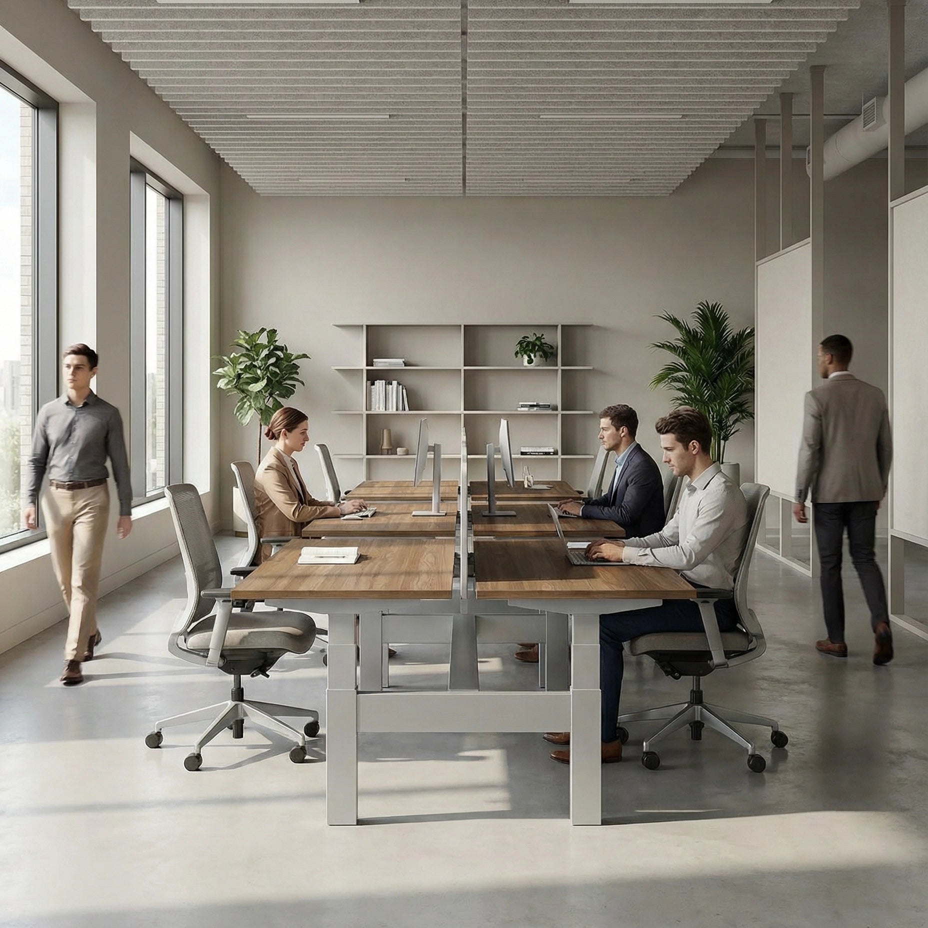 HAT Collective Height adjustable 4pod with Silver Base and walnut Tops with people working in an open office. Kansas City Office Design