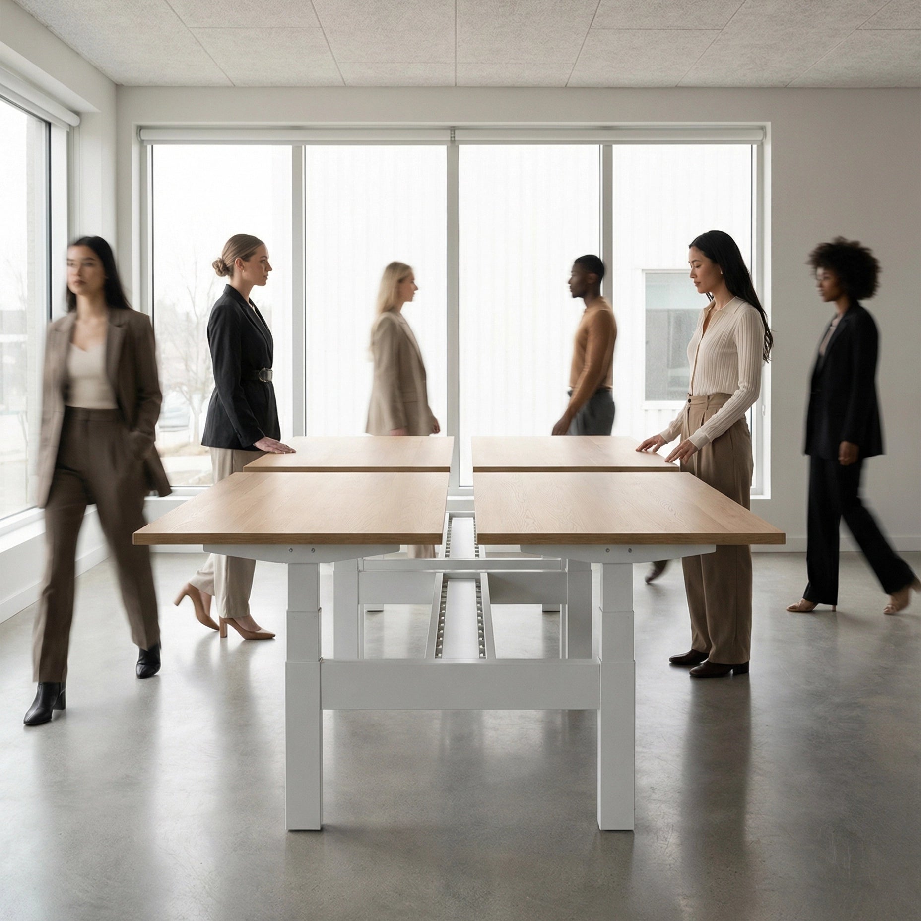 HAT Collective Height adjustable 4pod with white base and fawn cypress with people working in an open office. Kansas City Office Design