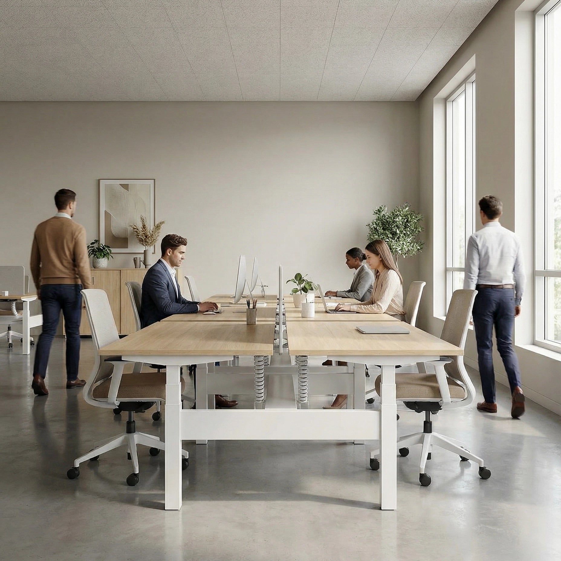 HAT Collective Height adjustable 4pod with white base and fawn cypress with people working in an open office. Kansas City Office Design