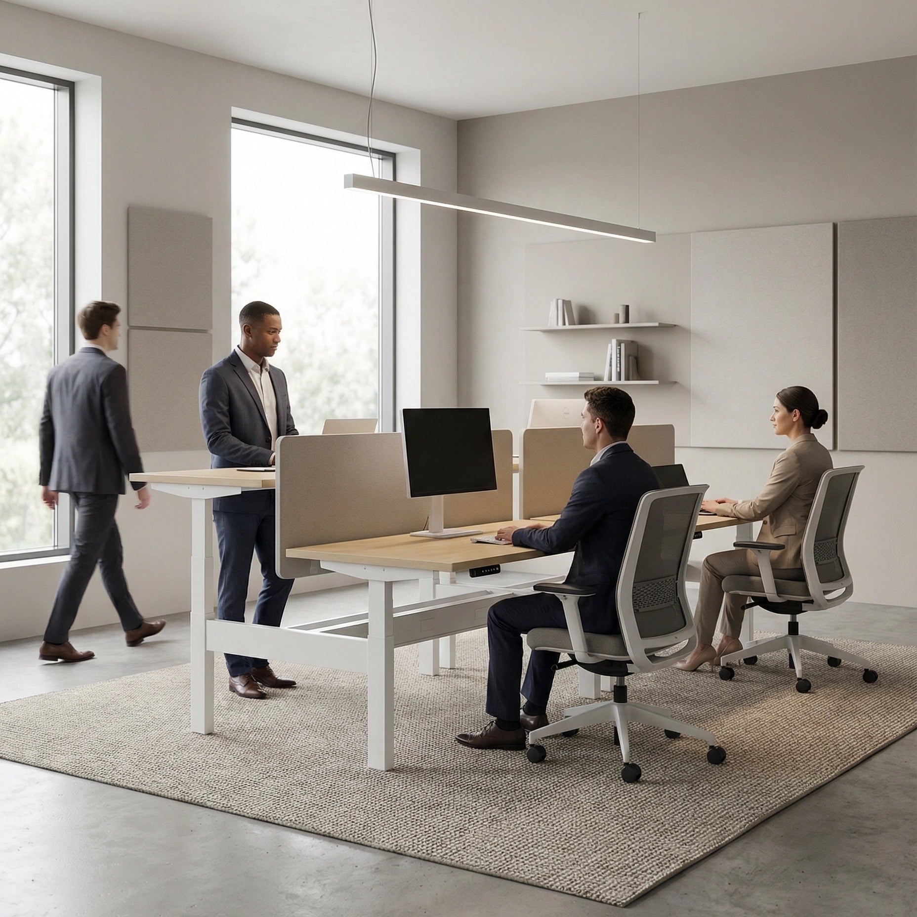 HAT Collective Height adjustable 4pod with white base and fawn cypress with people working in an open office. Kansas City Office Design